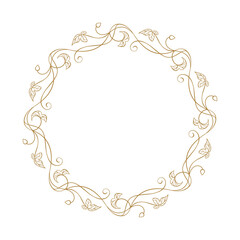 Elegant circular floral frame with delicate vines and leaves. Botanical outline Art Nouveau border