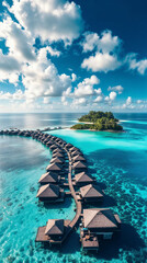 Aerial view of a tropical resort with overwater bungalows, turquoise water, and a lush island under bright daylight.
