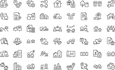 Real Estate Property And Home Building Collection Outline Vector Icon set. real,estate,property,home,building,mortgage,architecture,residence,rent,sale,investment and more.