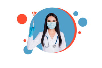 Composite photo collage of serious doctor girl hold syringe vaccine wear protection mask covid pandemic isolated on painted background