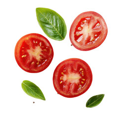 Naklejka premium Overhead shot of halved red tomatoes with basil leaves on a black background