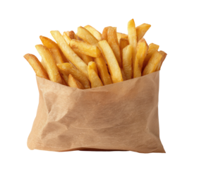 A brown paper bag overflowing with golden-brown, crispy, freshly-fried potatoes