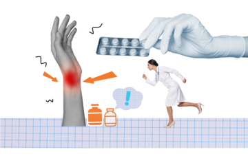 Composite photo collage of serious girl doctor run help patient hand injury wrist tablet painkiller medicine isolated on painted background