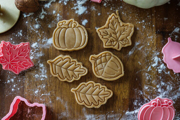 Cut Autumn Cookies on Rolled Dough with Seasonal Decor