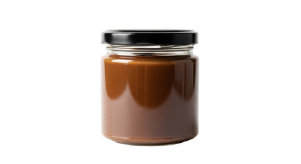 Isolated jar of caramel topping or spread with black metal lid ready to use or serve