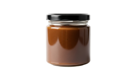 Isolated jar of caramel topping or spread with black metal lid ready to use or serve