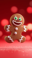 Naklejka premium Cute gingerbread man cookie with icing details on a festive red background. 