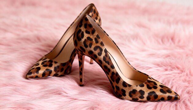 Leopard print pointed high heels on a soft pink fluffy surface, stylish and bold. - Powered by Adobe