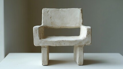 Abstract white chair sculpture with blocky form on plain background showcasing rough plaster texture and minimalist artistic everyday interpretation