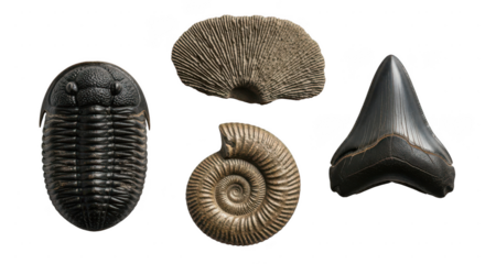 Collection of ancient fossils including trilobite ammonite shark tooth isolated on transparent background