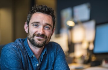 Obraz premium Confident smiling man with beard and casual shirt working in modern environment