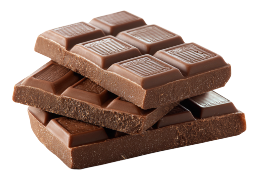 Stack of three chocolate bars, rectangular blocks, milk color, with a transparent background