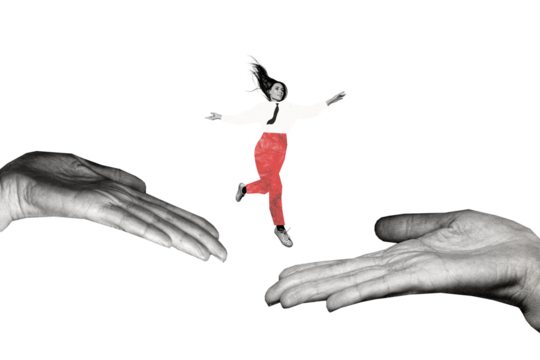 Composite photo collage of serious businesswoman jump human palms development concept office leader isolated on painted background