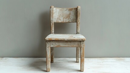 Rustic wooden chair with straight backrest against light wall featuring weathered finish and chipped paint conveying nostalgic vintage simplicity
