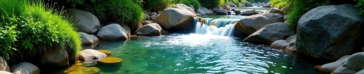 Obraz premium Crystal clear water flows over smooth stones, lush green banks , ecology, natural, sunlight