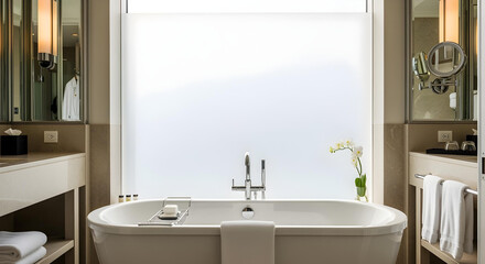 Elegant hotel bathroom with freestanding bathtub, marble details, and soft natural light.