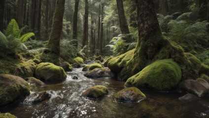 Mossy Forest Stream with Ancient Trees and Rocks.
