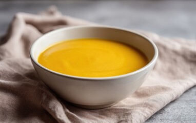 Creamy pumpkin soup displayed in a white bowl on a soft cloth surface