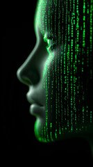 Obraz premium Digital human face made of glowing green binary code representing artificial intelligence. 