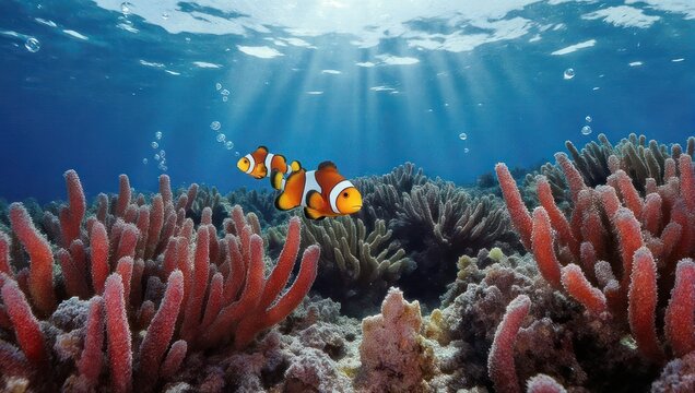 Clownfish Swimming in Coral Reef with Sun Rays.