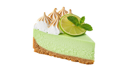 Isolated slice of key lime cheesecake with meringue peaks, garnished with lime and mint leaves © Lukas