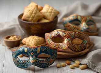 Naklejka premium Traditional hamantaschen cookies and treats arranged beautifully on a set, perfect for holiday celebrations and culinary projects.