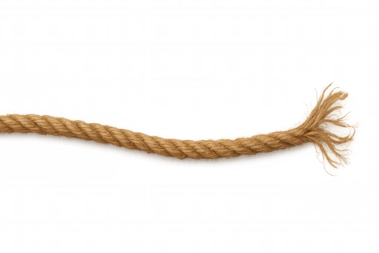 Rope fraying at end, representing breaking point, strength limit, crisis, and danger concept
