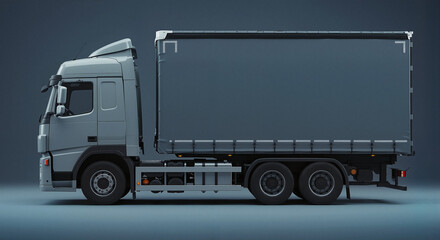 Gray delivery truck stands on blue gradient background ready to haul cargo. Delivery truck is perfect for commercial transport or advertising freight shipping services,