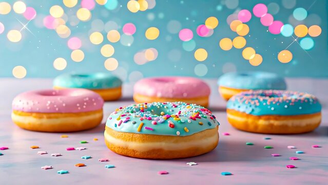 Colorful glazed donuts with sprinkles and bokeh lights on pastel background
- Powered by Adobe