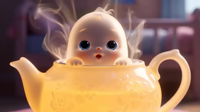 Adorable cartoon chick peeks out of a steaming teapot in a cozy bedroom, creating a heartwarming and whimsical scene.