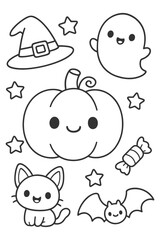 Vector illustration set of cartoon funny face icons for coloring for kids - Halloween doodle