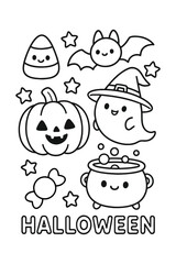 Cartoon vector icon illustration set of funny characters art design drawing for children - Halloween doodle coloring
