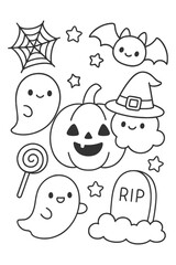Funny vector illustration set of cute baby cartoon characters - Halloween doodle coloring