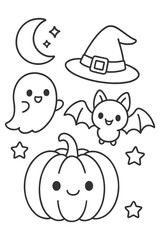 A cute cartoon vector illustration set of Halloween pumpkin and ghost faces with a funny holiday orange smile design