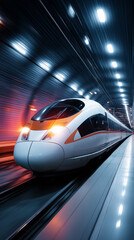 Fototapeta premium Modern high-speed train moving through a futuristic underground tunnel with motion blur. 