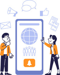 People standing near a large smartphone with icons of messages and notifications. Concept of online communication and social networks.