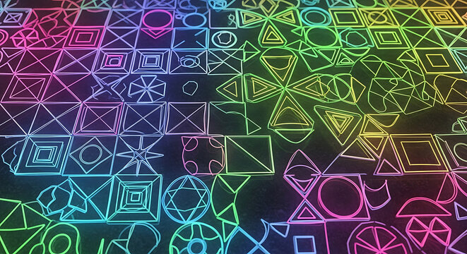 A vibrant array of geometric shapes arranged in a grid pattern with rainbow colored outlines on black