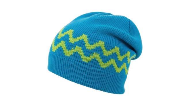 Isolated blue knitted winter hat with bright green zig zag pattern, fashion apparel style