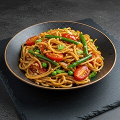 Exquisite Peanut Butter Noodles with Fresh Vegetables on Slate Texture in 8k.