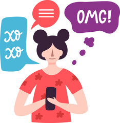 Woman sending text messages using phone communication app