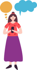 Woman using phone having thought and speech bubbles