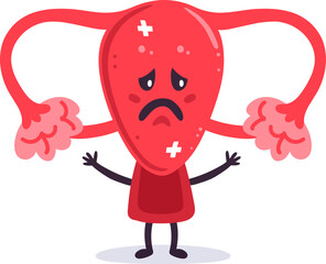 Uterus cartoon character feeling sad with pain points