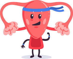 Uterus character wearing headband flexing arm muscles