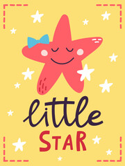 Obraz premium Cute cartoon star with blue bow on yellow background