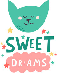Sweet dreams cat illustration with sleeping animal