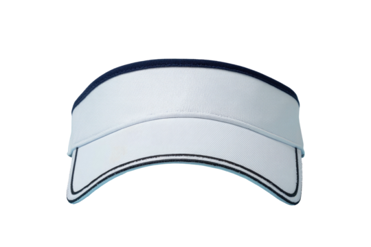 Angled shot of a white and navy blue visor on a black background. Focus is on the headwear
