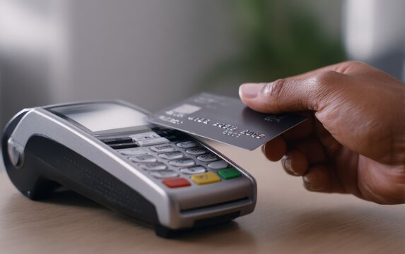 Payment process with credit card being inserted into POS terminal at a retail location