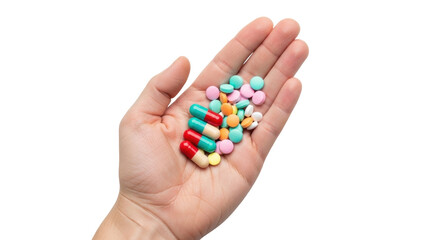 Isolated Hand holding various pills and capsules, medicine, pharmaceutical, health, wellness