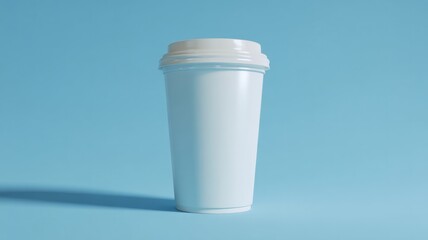 Obraz premium Minimalist white coffee cup on blue background. Artificial intelligence image