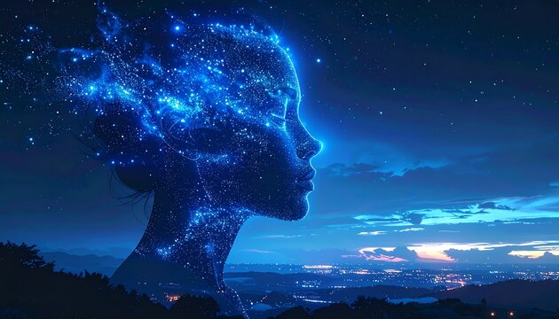 A woman's profile, ethereal and digital, against a night sky.  Blue light trails depict a network of thought - Powered by Adobe